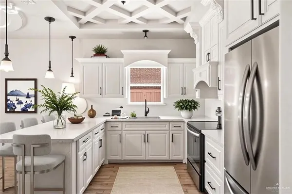a kitchen with a sink stove and refrigerator