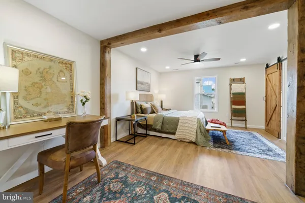 a bedroom with a bed and wooden floor