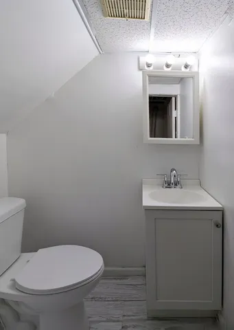 a bathroom with a sink toilet and mirror
