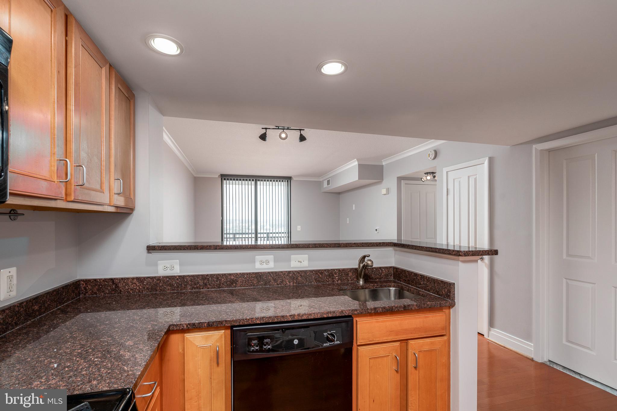 414 Water Street, Unit 2611 Baltimore, MD 21202 - Photo 9 of 23 a kitchen with granite countertop a sink and cabinets