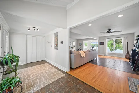 a view of a living room and a patio