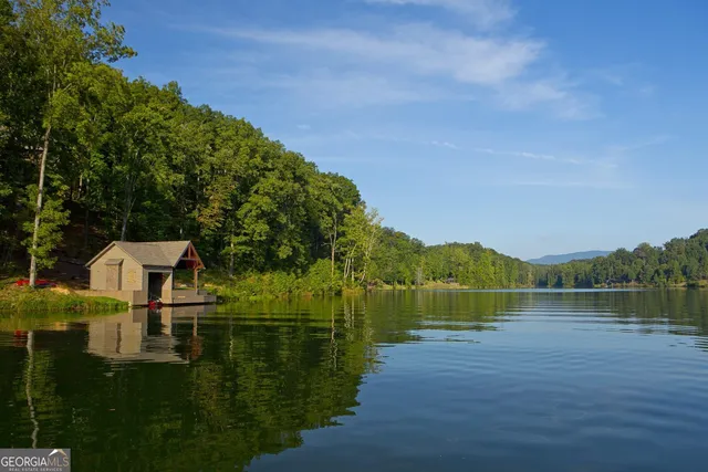 a view of a lake with a mountain in the background