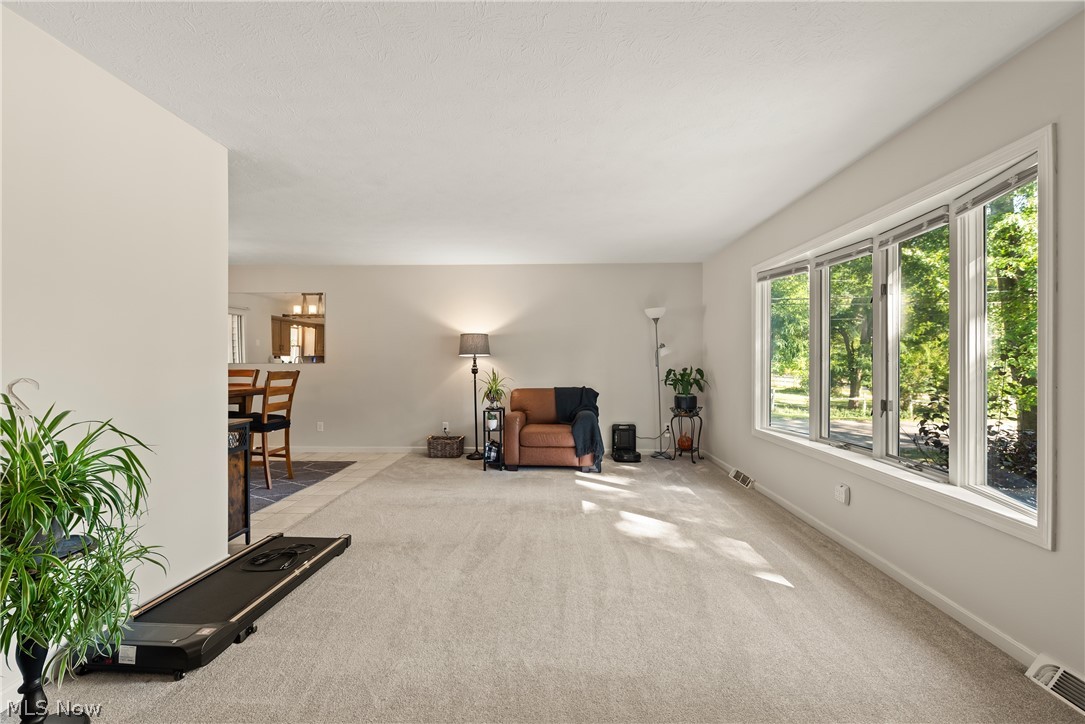 Spacious living area with light-colored carpeting, large bay windows, and an open-concept layout to an adjacent dining space
