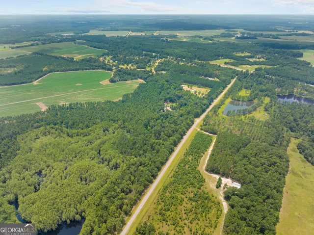 an aerial view of residential house with outdoor space and trees all around