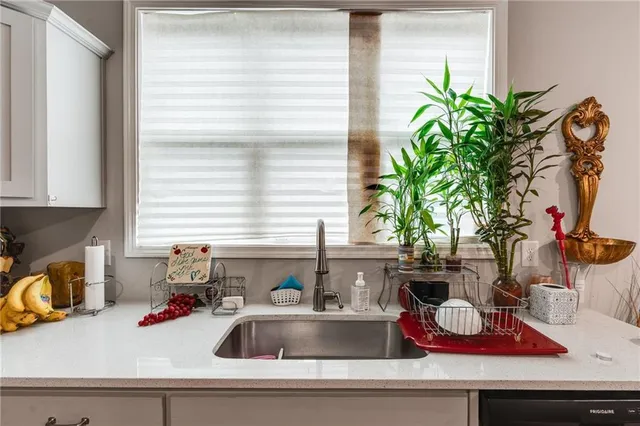 a kitchen with a potted plant on the counter and a window