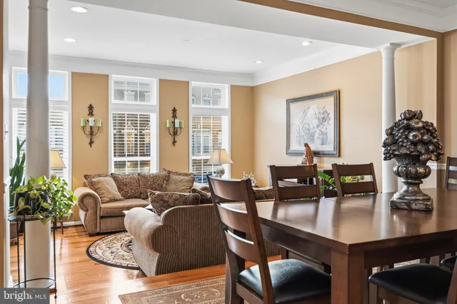 a living room with furniture potted plant and a large window