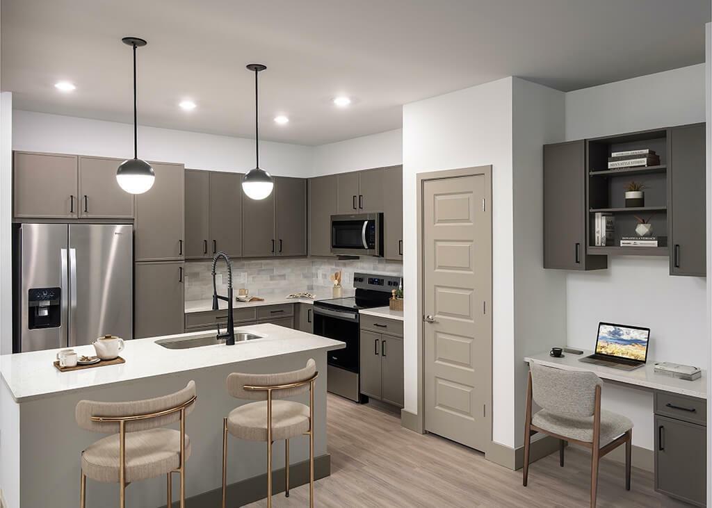 7260 Roswell Road, Unit B2 Sandy Springs, GA 30328 - Photo 12 of 23 a kitchen with kitchen island a sink stainless steel appliances and dining table