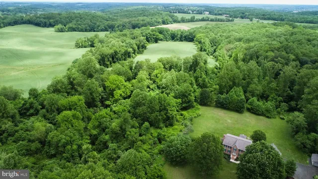 an aerial view of residential houses with outdoor space and trees