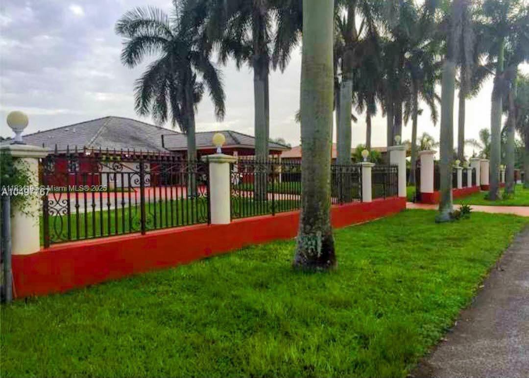 a view of a park with palm trees