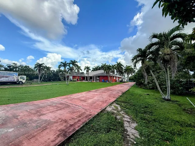 a view of a park with large trees