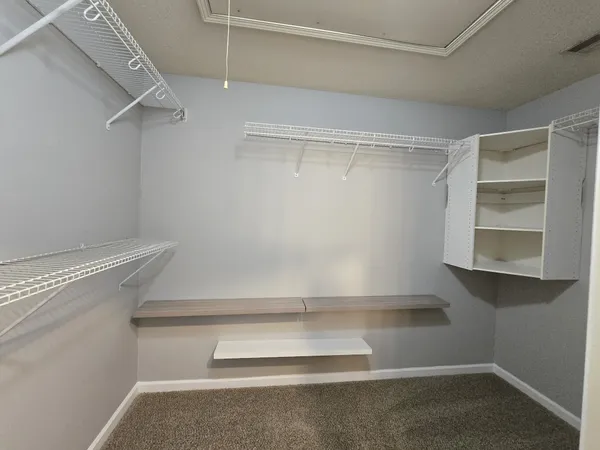 a view of walk in closet with empty racks