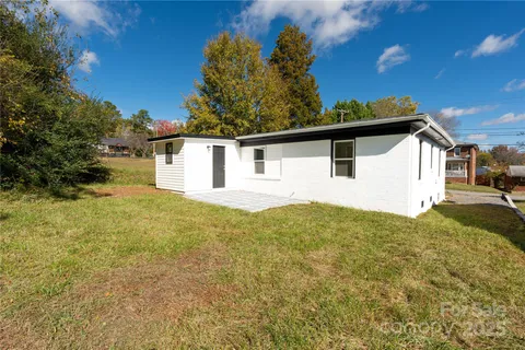 a view of a backyard with plants and large tree