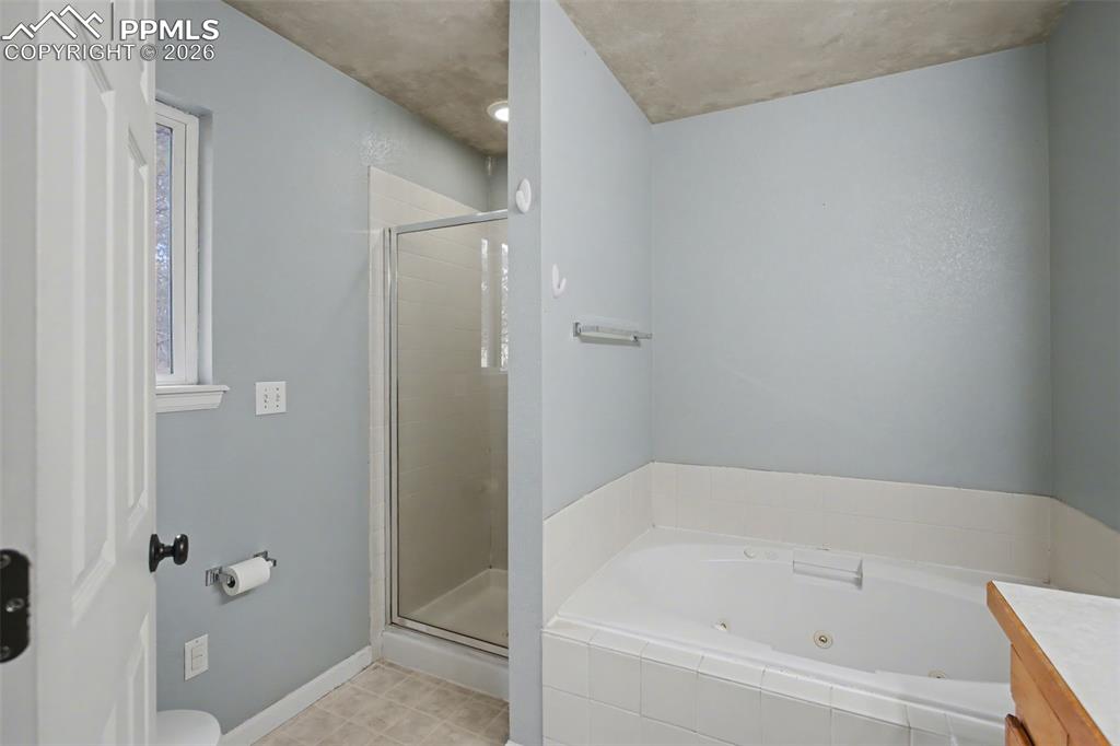 4944 Antelope Trail Elbert, CO 80106 - Photo 14 of 49 Full bathroom with a shower stall, a tub with jets, and vanity