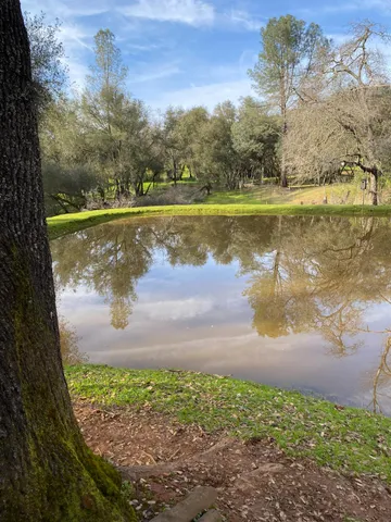 a view of a lake with a yard