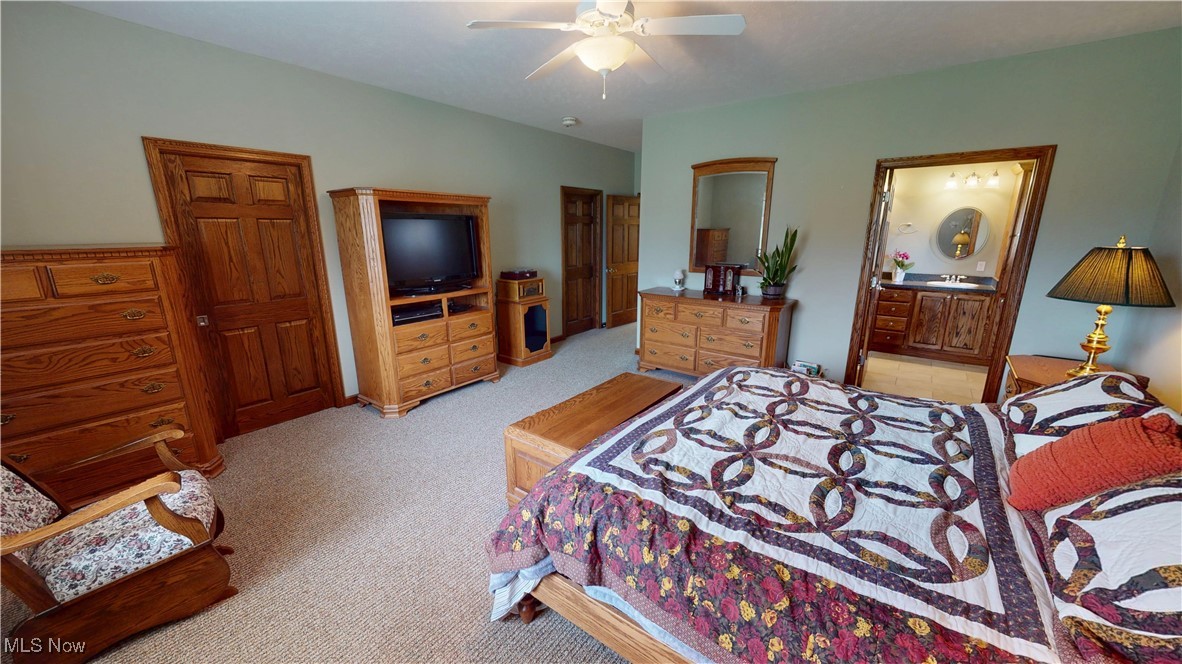 10323 Smith Road Litchfield, OH 44253 - Photo 21 of 50 Bedroom with light carpet and ceiling fan