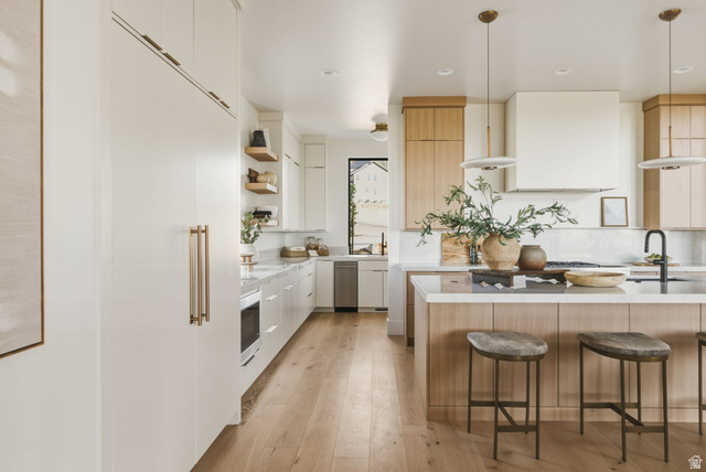 923 North Emery Lane Elk Ridge, UT 84651 - Photo 18 of 101 Open-concept kitchen featuring light wood-finish flooring, a central island with countertop seating, white and light wood-finish cabinetry, integrated appliances, and a range hood