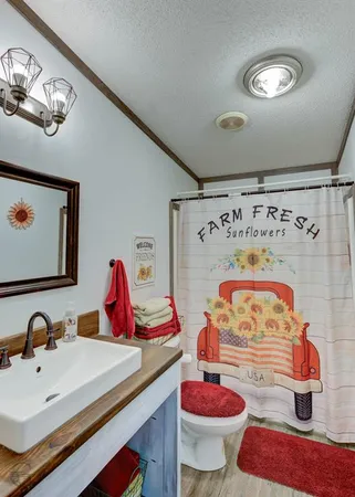 a bathroom with a sink mirror and toilet