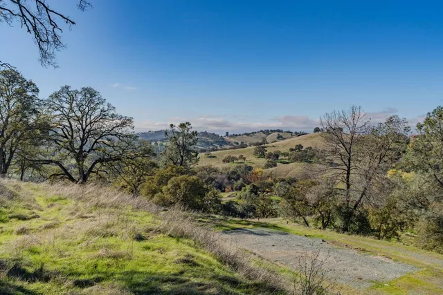 a view of a dry yard with mountains in the background