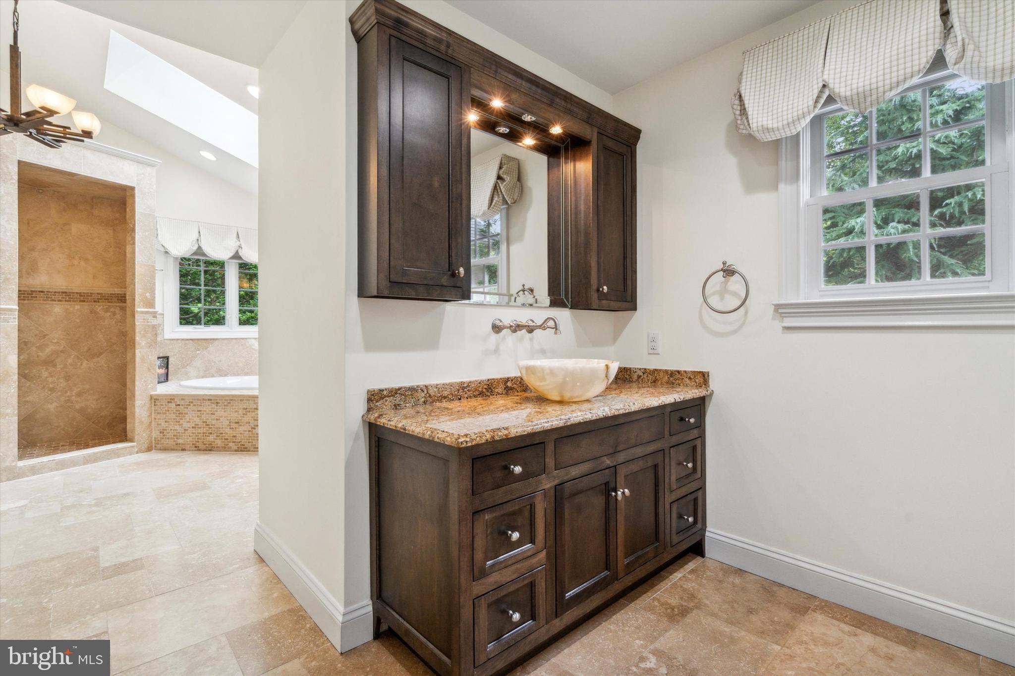 145 Biddulph Road Wayne, PA 19087 - Photo 22 of 38 a bathroom with a granite countertop sink a large mirror and a window