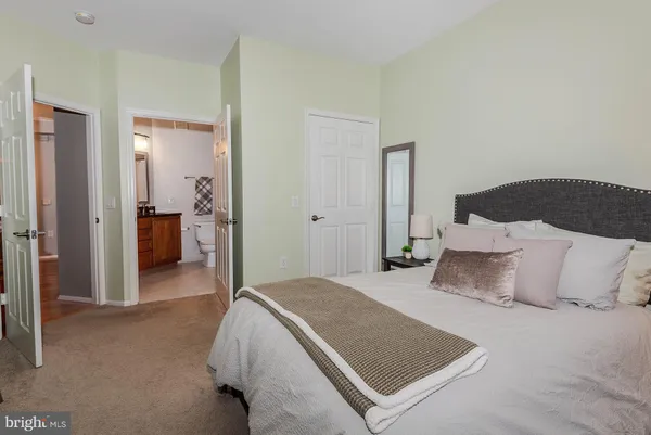 a bedroom with a bed and walk in closet