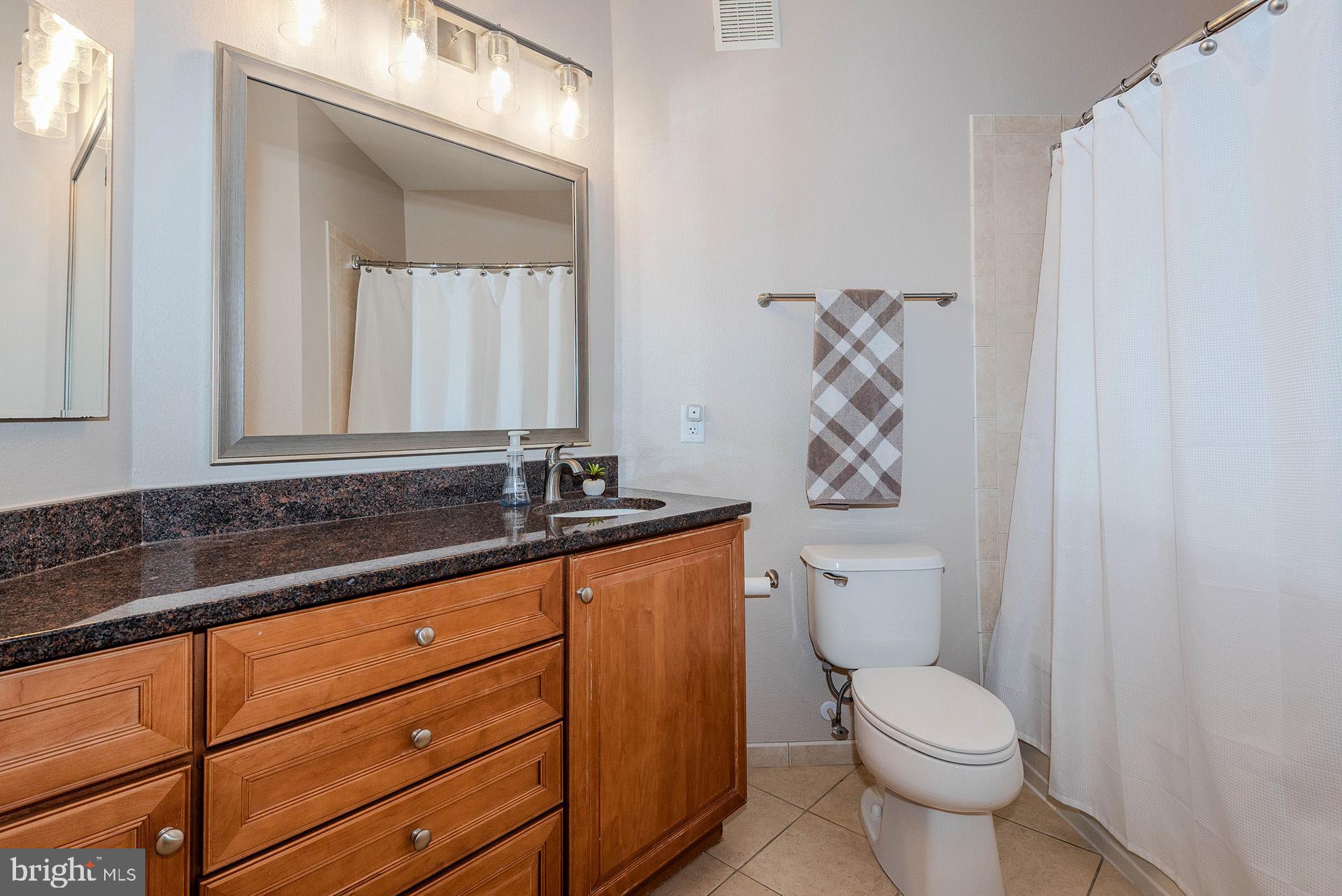 11800 Old Georgetown Road, Unit 1632 North Bethesda, MD 20852 - Photo 12 of 35 a bathroom with a granite countertop sink a toilet and a mirror