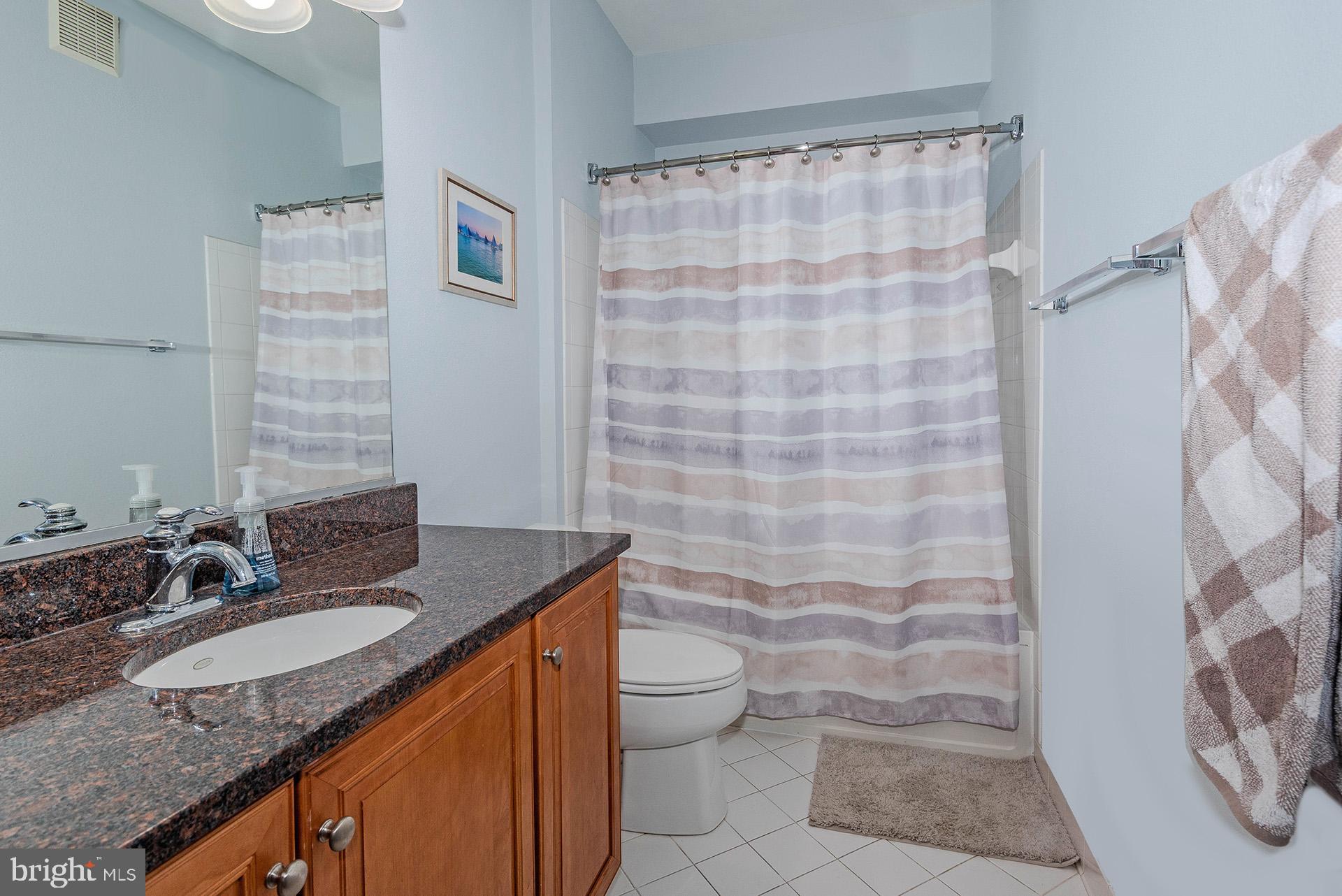 11800 Old Georgetown Road, Unit 1632 North Bethesda, MD 20852 - Photo 15 of 35 a bathroom with a granite countertop sink a toilet a mirror and shower curtain