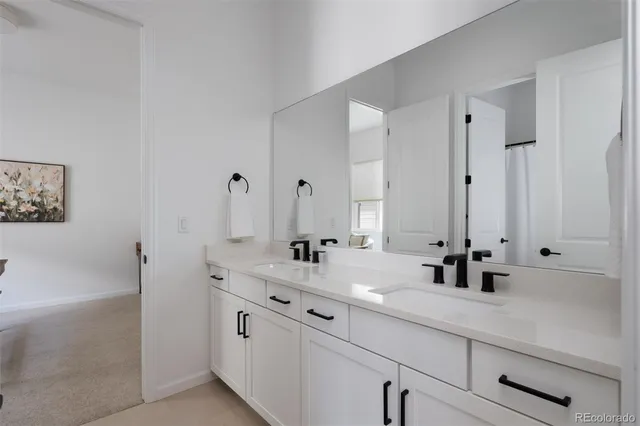a bathroom with double vanity sink a mirror and shower