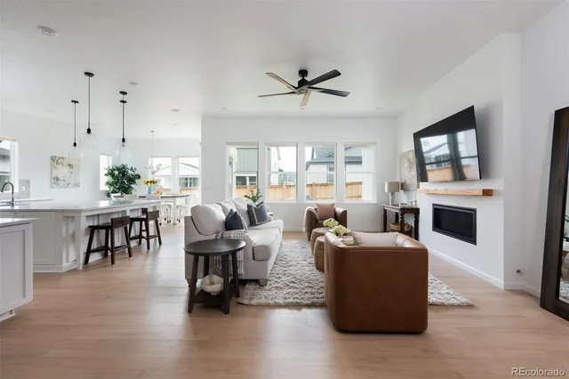 a living room with fireplace furniture and a flat screen tv