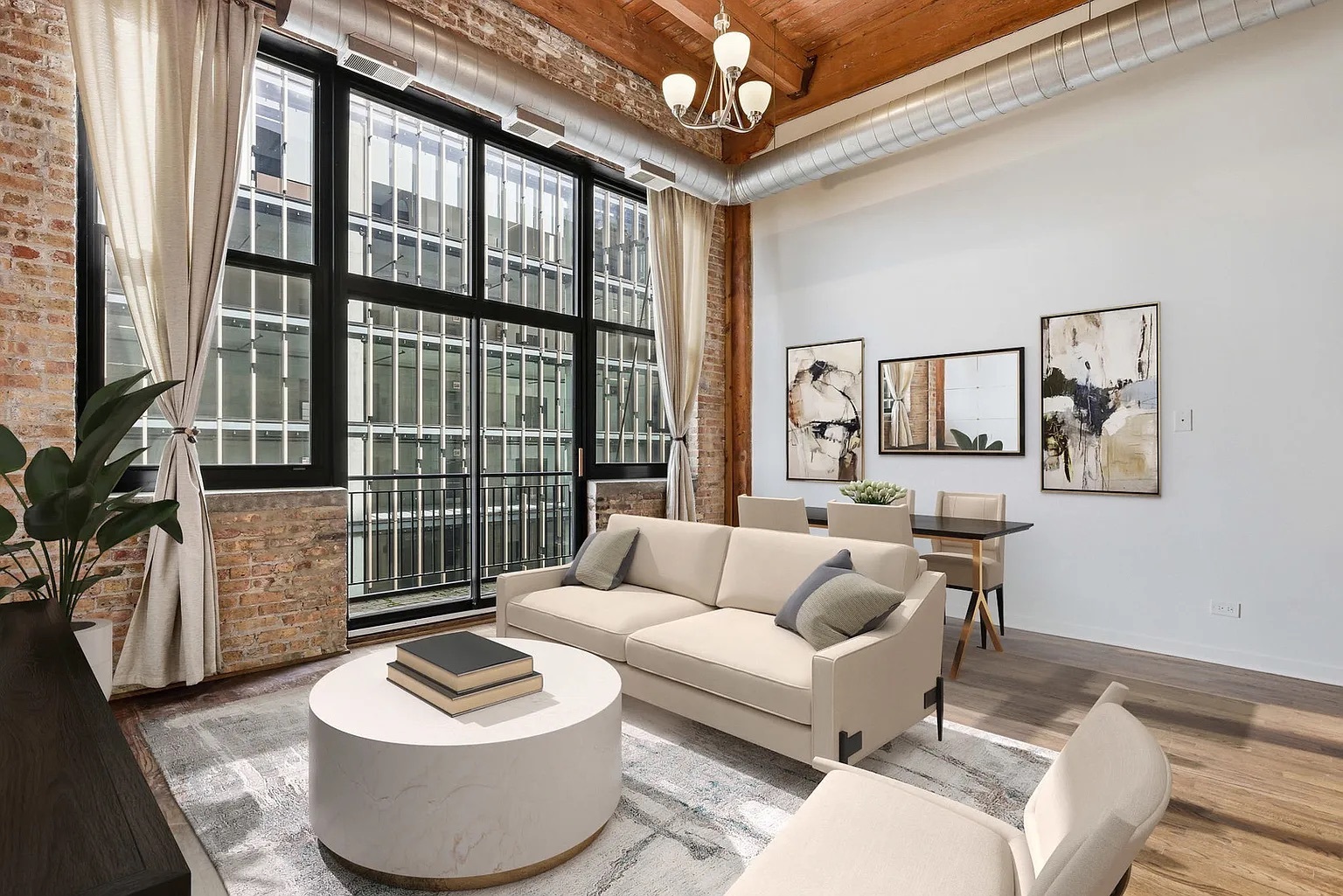 215 North Aberdeen Street, Unit 607B Chicago, IL 60607 - Photo 2 of 12 a living room with furniture and a floor to ceiling window