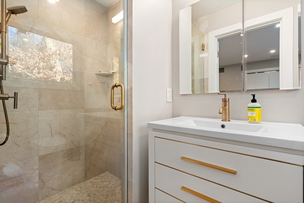 9 Newbrook Circle Newton, MA 02467 - Photo 21 of 28 a bathroom with a shower sink vanity and mirror