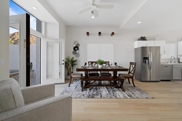 a view of a dining room with furniture