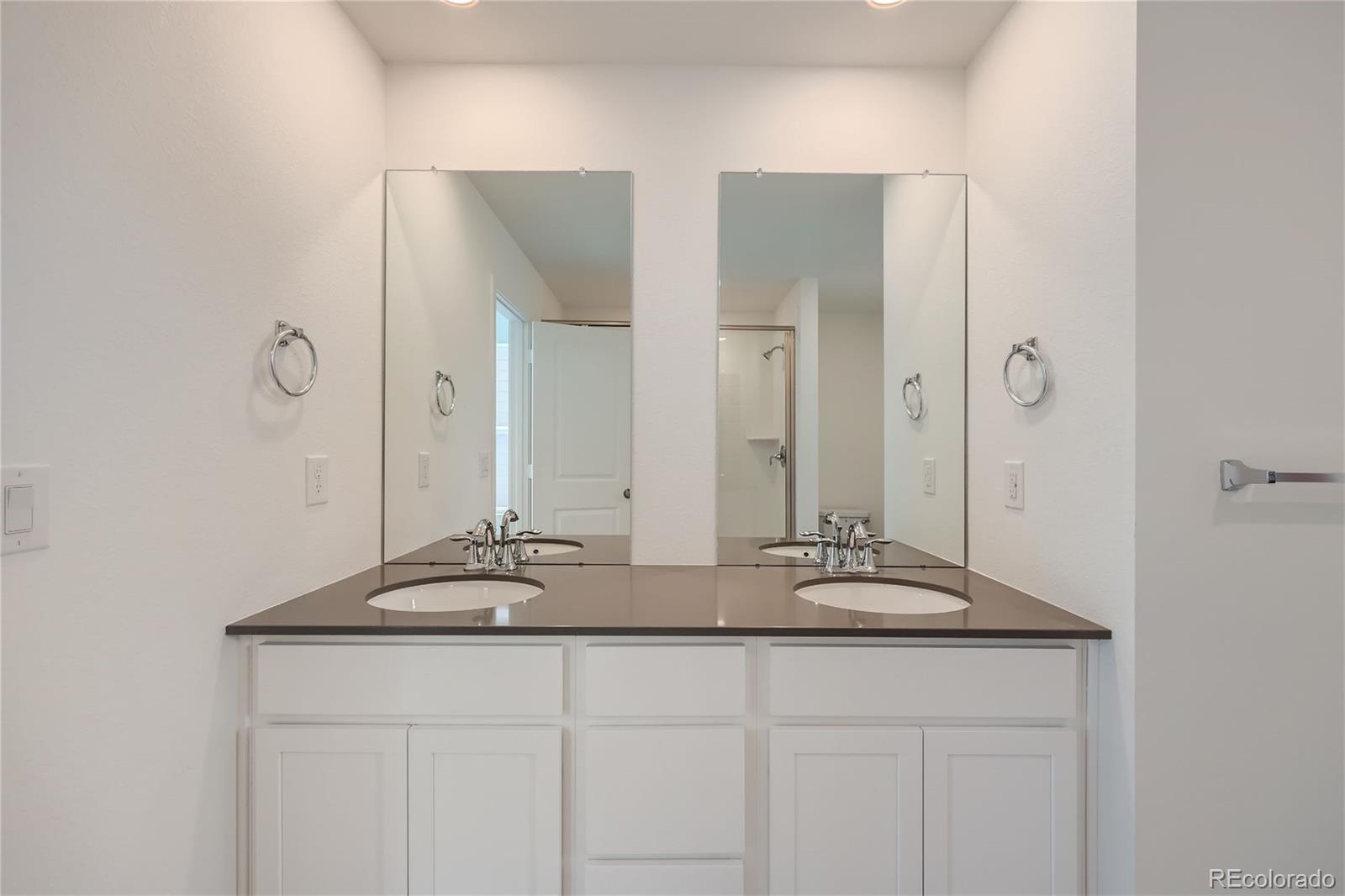 864 Yankee Boy Loop Elizabeth, CO 80107 - Photo 17 of 36 a bathroom with double vanity sinks and a mirror