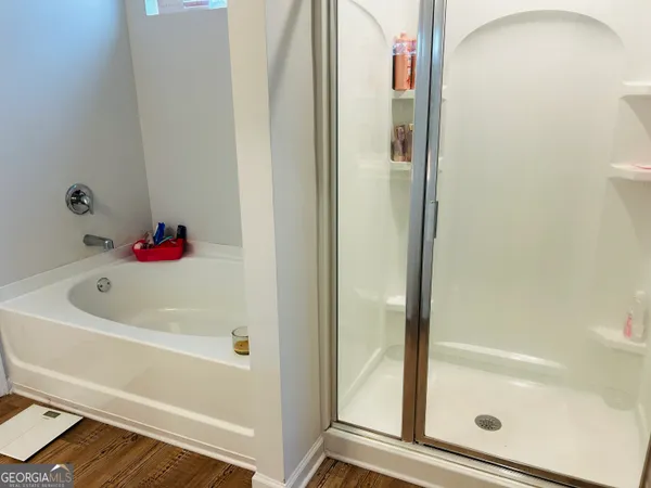 a bathroom with a bathtub