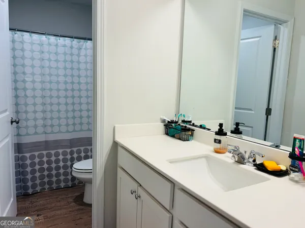 a bathroom with a sink a toilet and shower curtain
