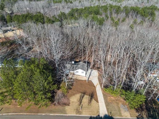a backyard of a house with large trees and plants