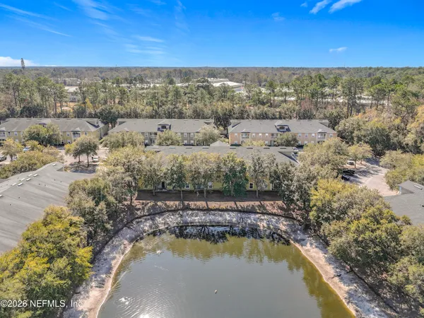 a view of a lake in middle of the town