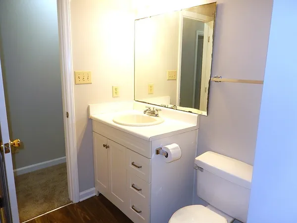 a bathroom with a sink mirror vanity and toilet