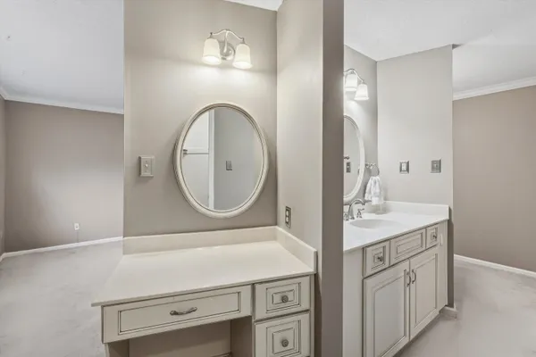 a bathroom with a granite countertop shower a mirror and vanity