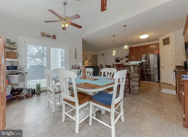 a view of a dining room with furniture