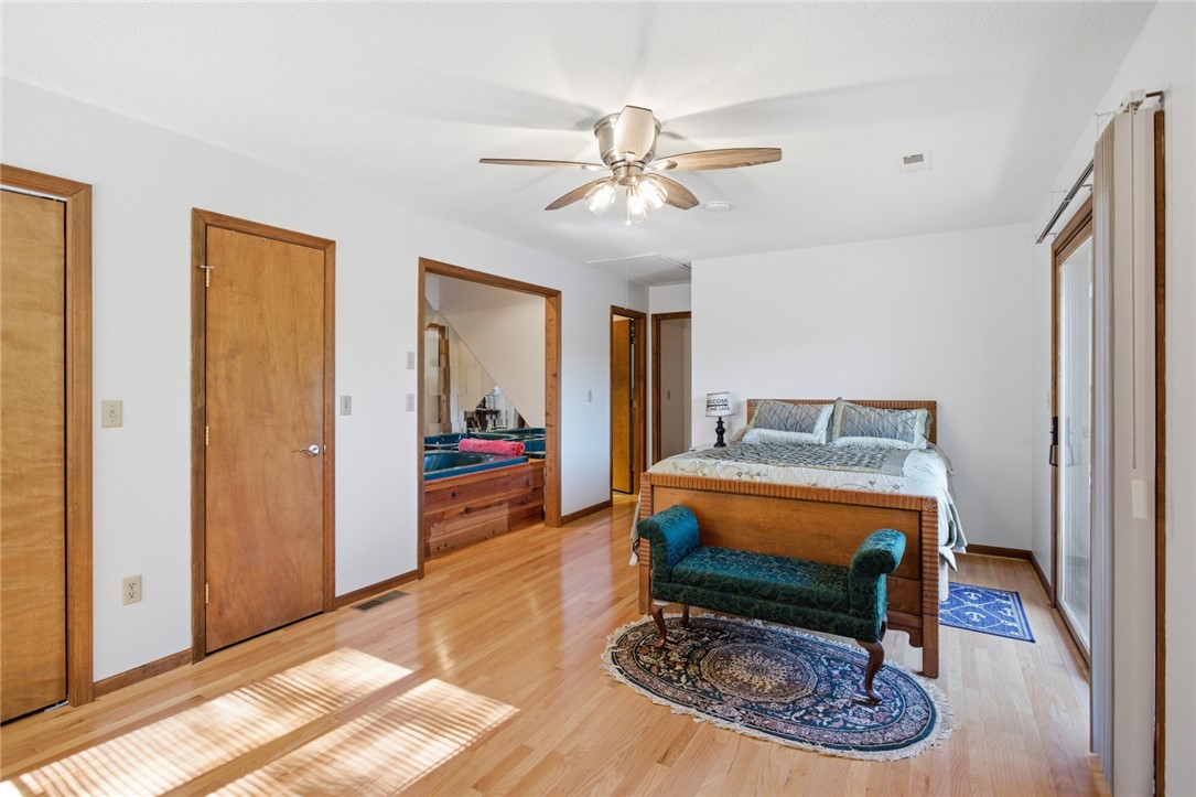 120 Farris Sandra Road West Union, SC 29696 - Photo 20 of 50 This primary bedroom offers warm hardwood flooring, a ceiling fan, and convenient access to a private spa.