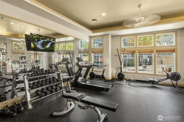a view of a room with gym equipment