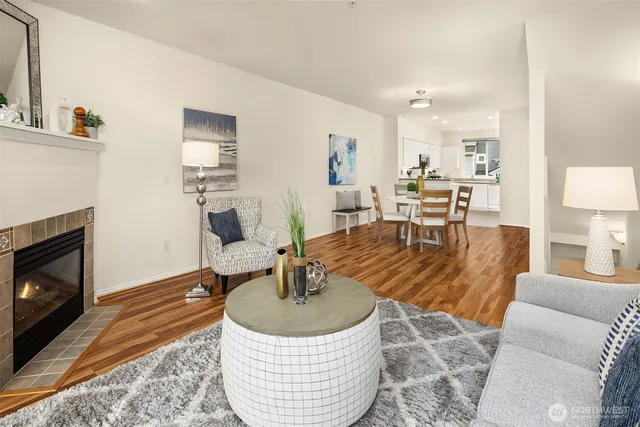 a living room with furniture a rug a fireplace and a large mirror