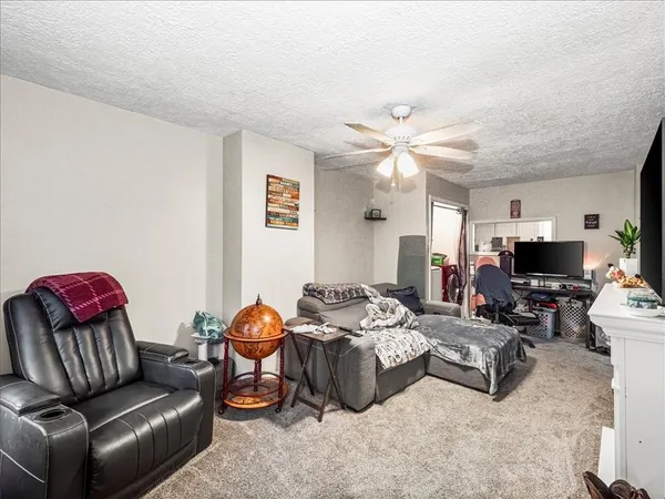 a living room with furniture a ceiling fan and a rug
