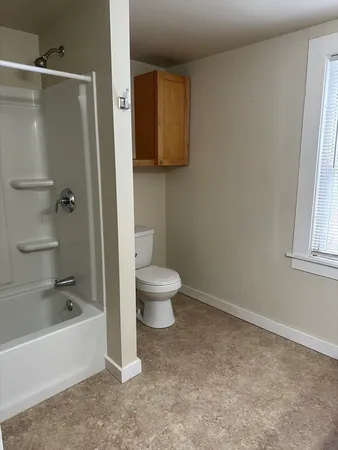 a bathroom with a toilet and a bathtub