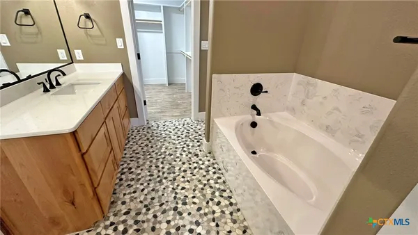 a bathroom with a bathtub sink vanity and mirror