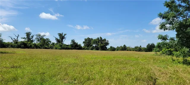 a view of a field with an ocean in the background