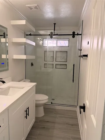 a bathroom with a sink a toilet a mirror and shower