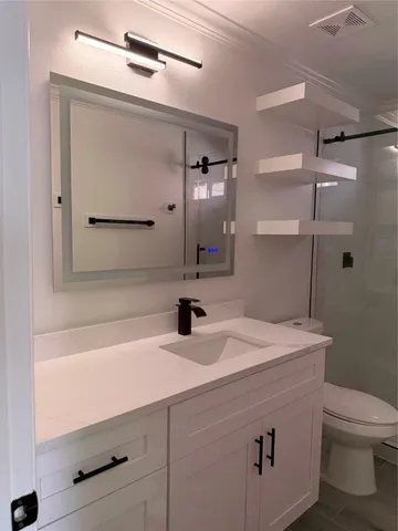 a bathroom with a sink a toilet and mirror