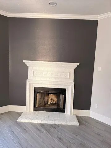 a living room with a fireplace