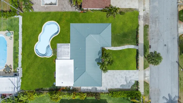 an aerial view of a swimming pool